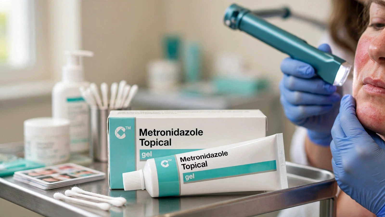 Dermatology examination of an adult cheek with topical metronidazole products and skin-response records
