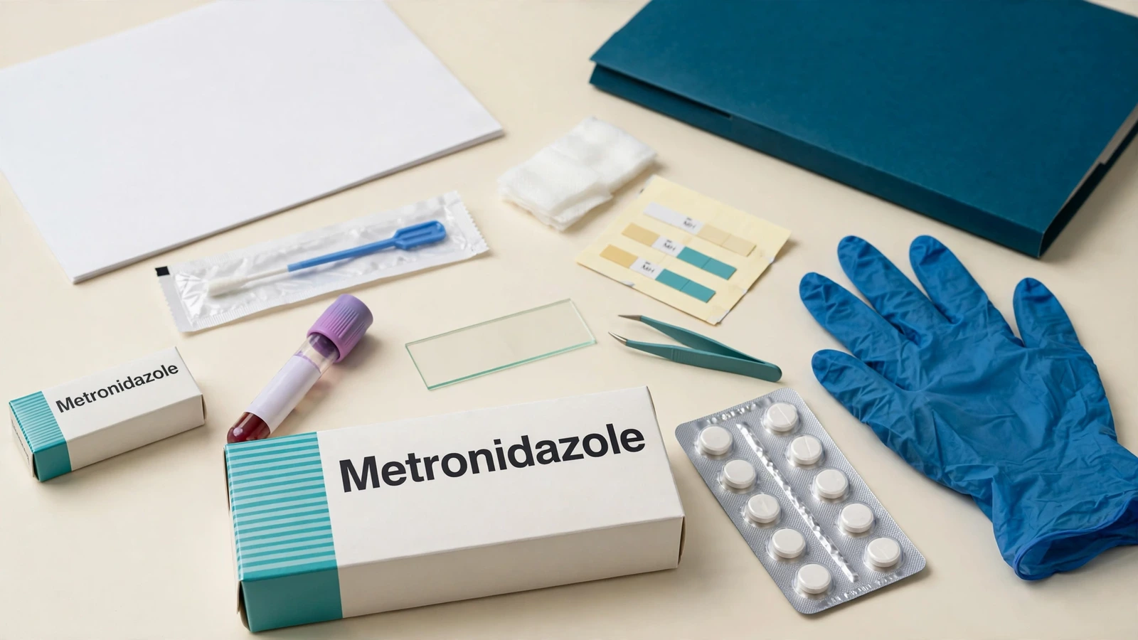 Topical metronidazole gel and cream beside serial cheek photographs and a skin-reaction diary
