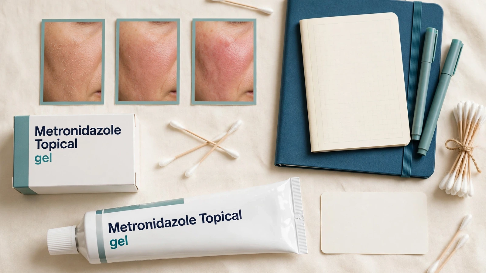 Dermatologist assessing an adult rosacea cheek with a metronidazole tube and gentle skin-care products nearby