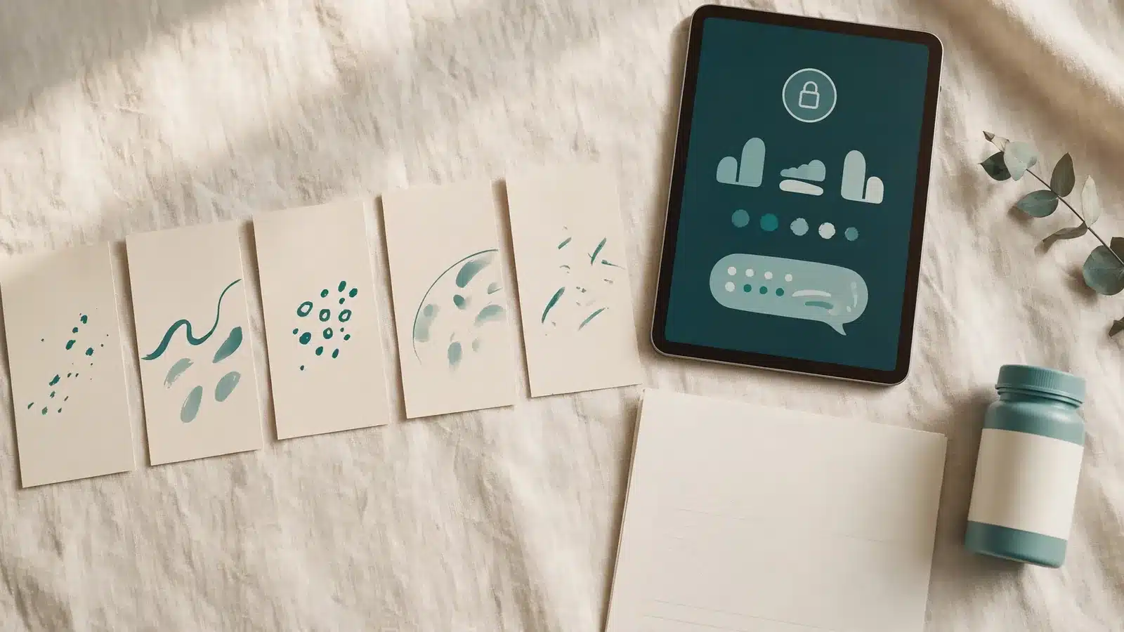 Symptom history cards, secure consultation screen, and blank prescription record for valacyclovir care