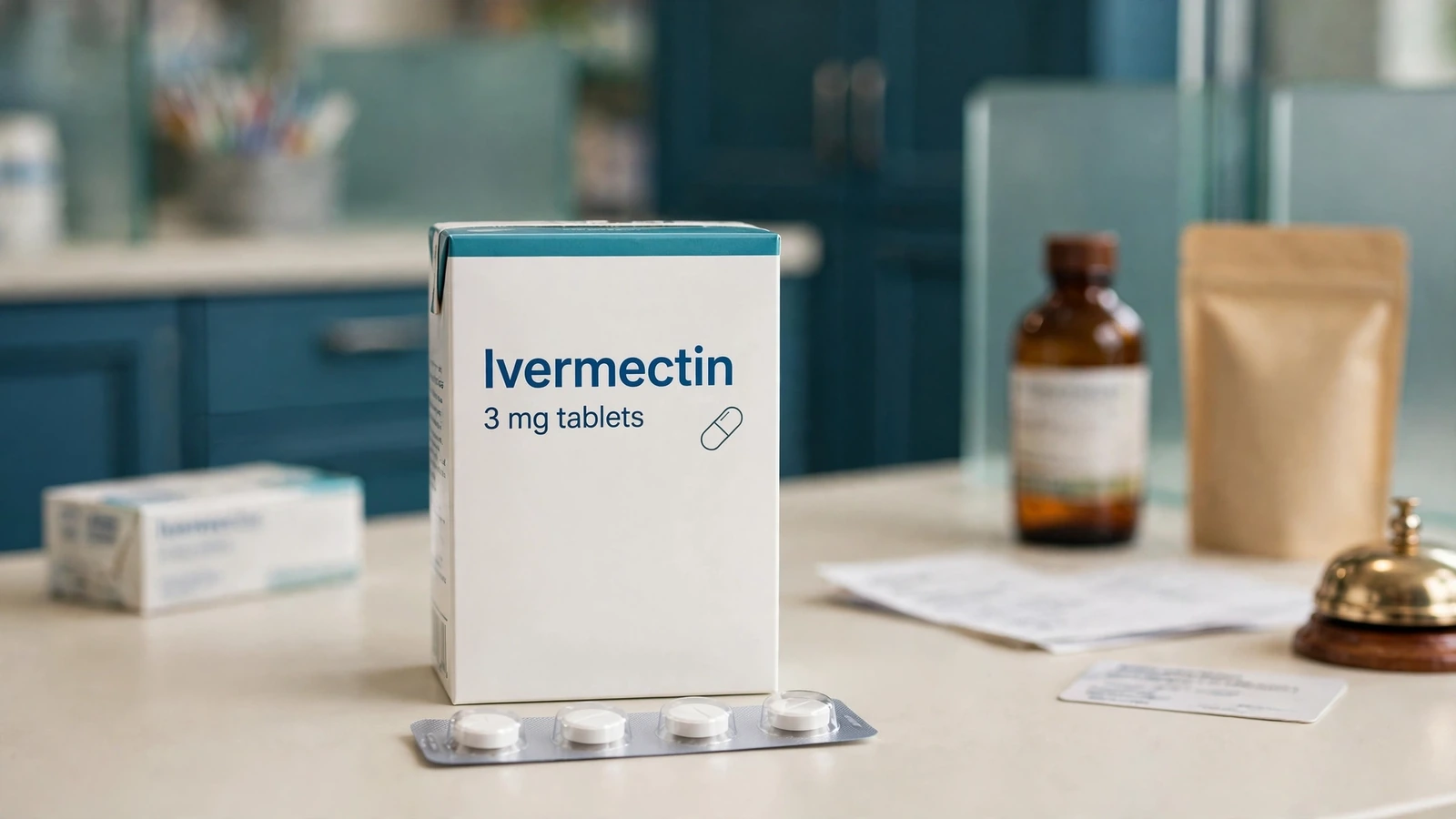 Licensed U.S. pharmacy counter prepared to fill a human oral ivermectin prescription