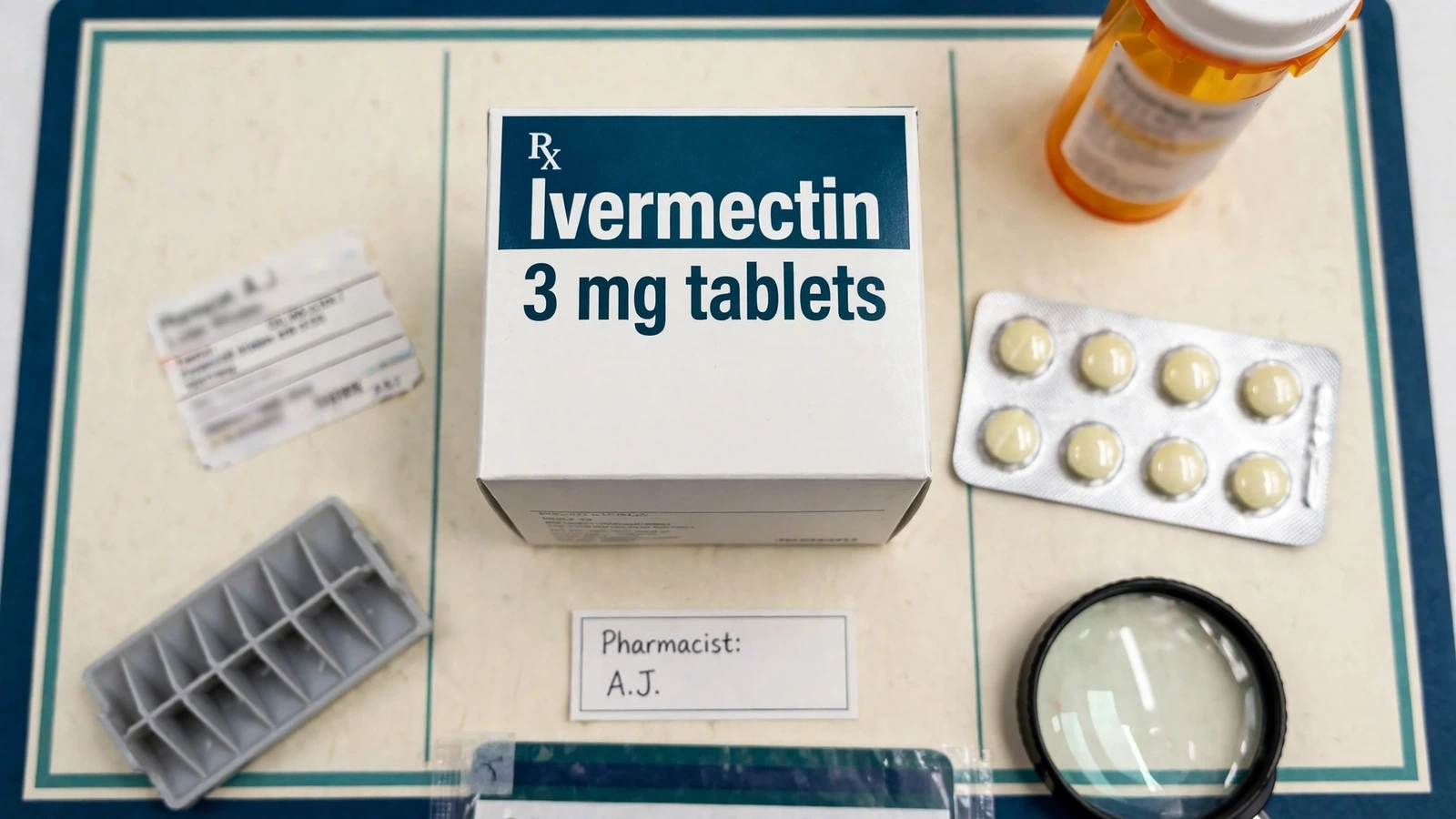 Human oral ivermectin package, prescription label, manufacturer record, and pharmacist product check