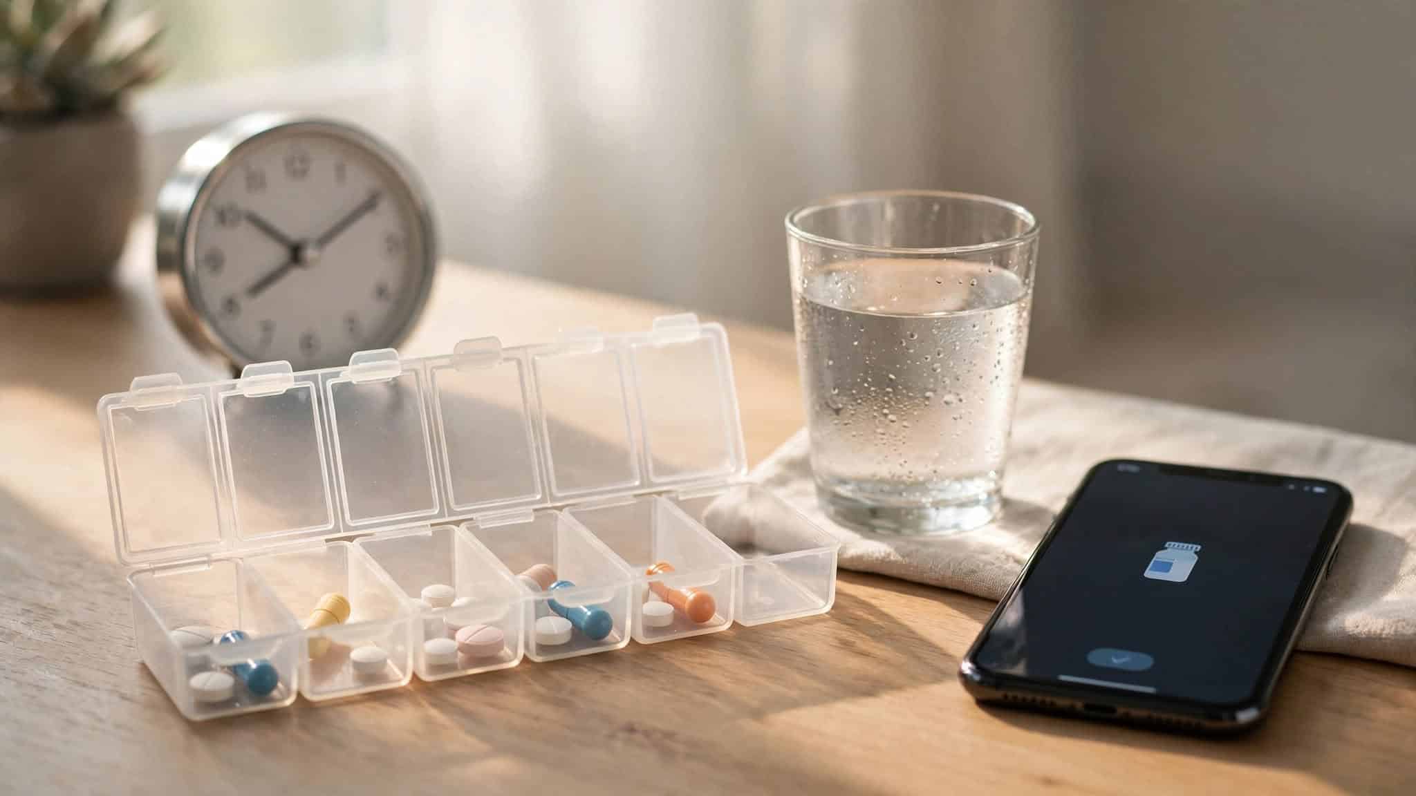 Weekly pill organizer, glass of water, clock, and phone displaying a medication reminder icon