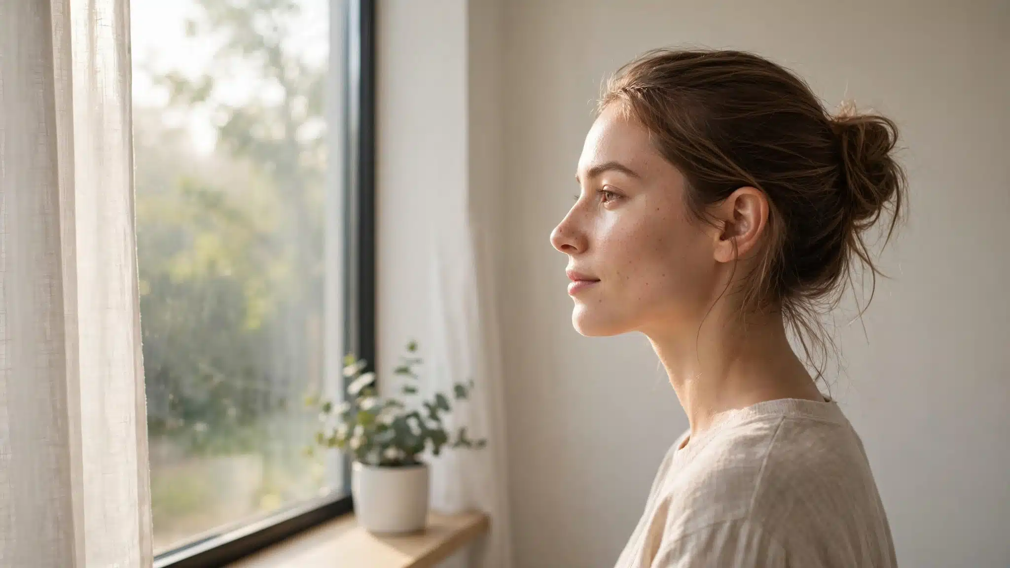 Person standing by a window in morning light