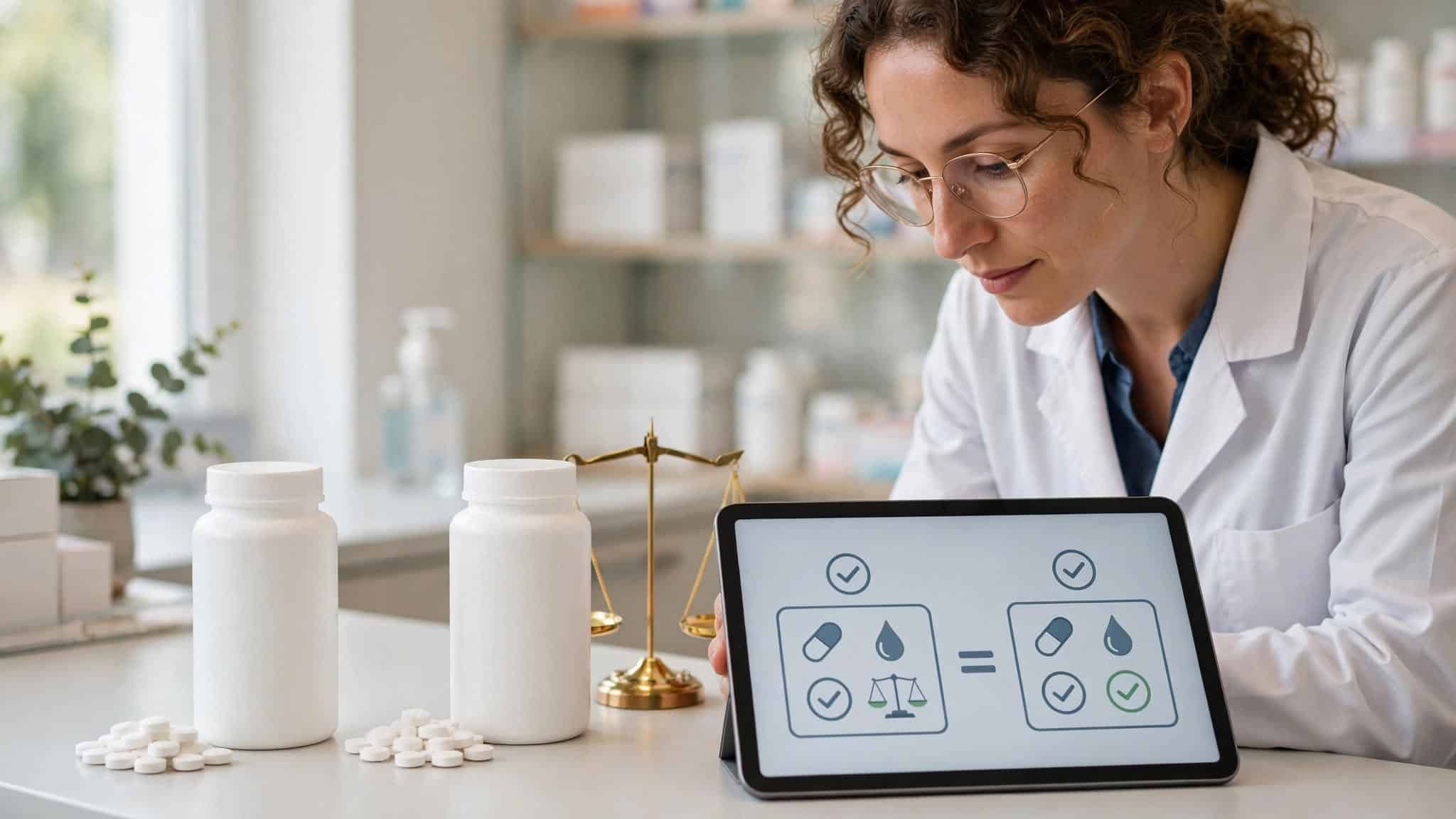 Pharmacist verifying brand and generic valacyclovir equivalence