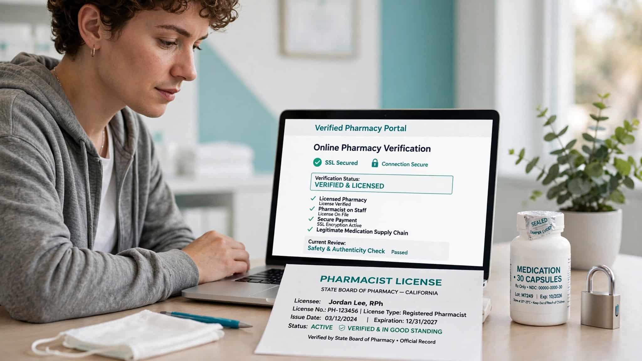 Patient verifying a pharmacy license and prescription safeguards before valacyclovir dispensing