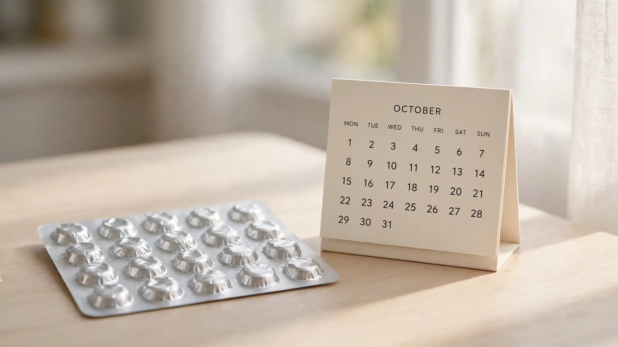 Foil blister sheet beside a calendar page