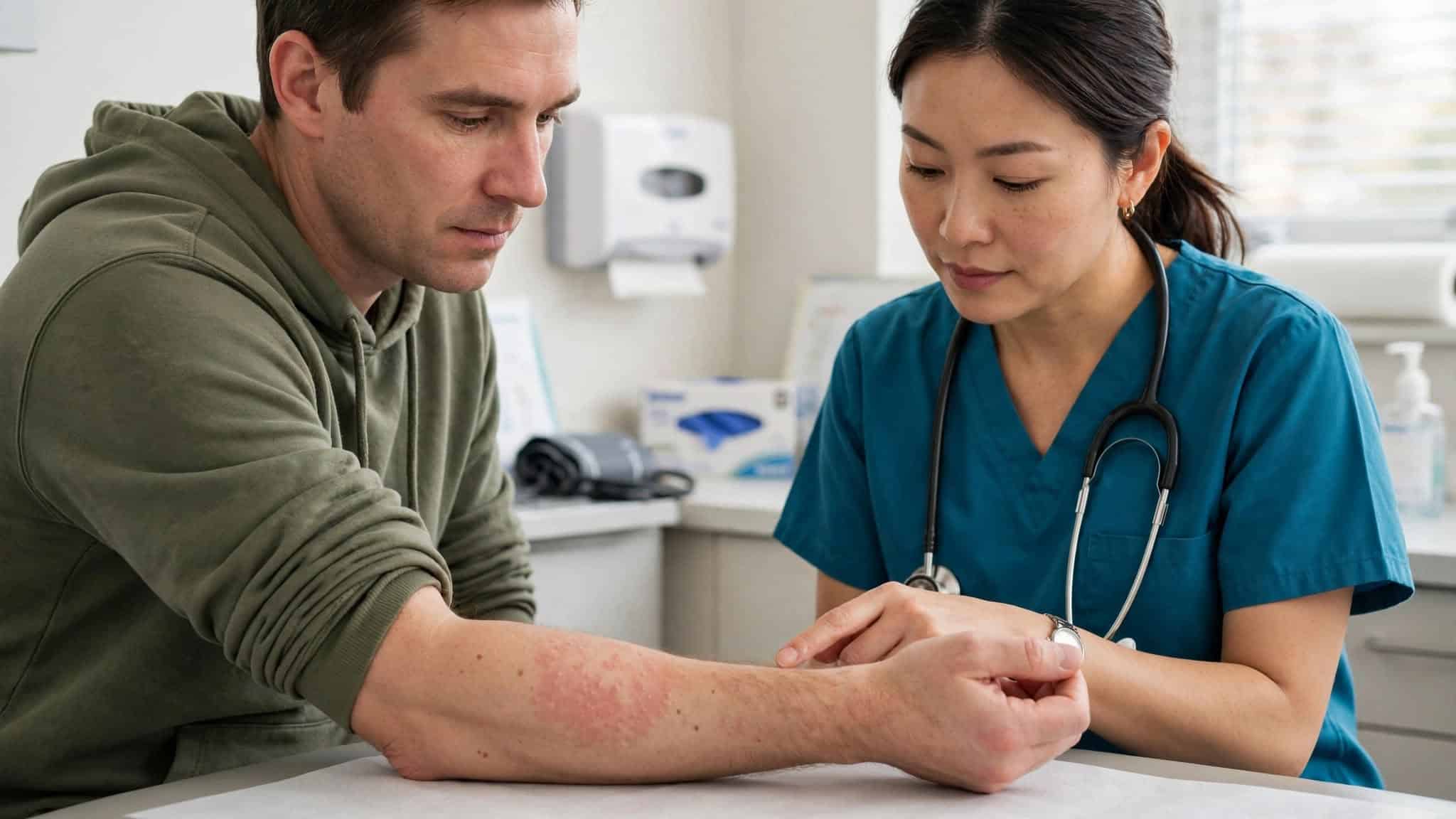 Clinician examining a possible mild allergic skin reaction to Valtrex