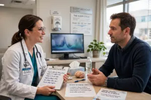 Patient discussing modafinil side effects with a clinician