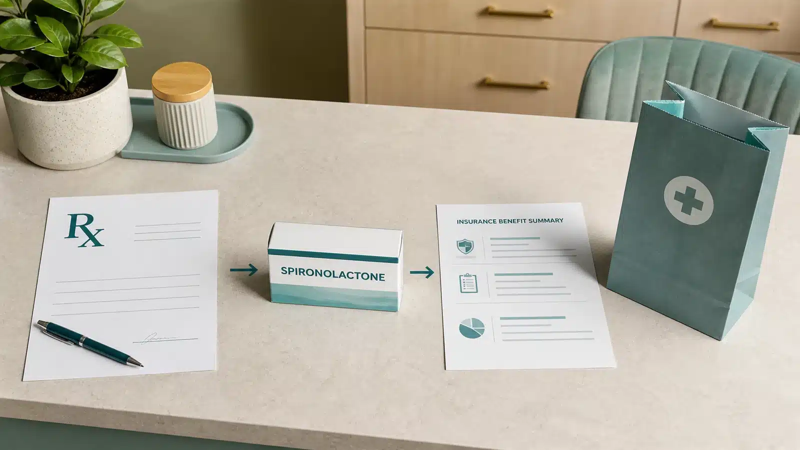 Prescription, spironolactone package, insurance summary, and pharmacy bag showing prescription and pharmacy cost checks