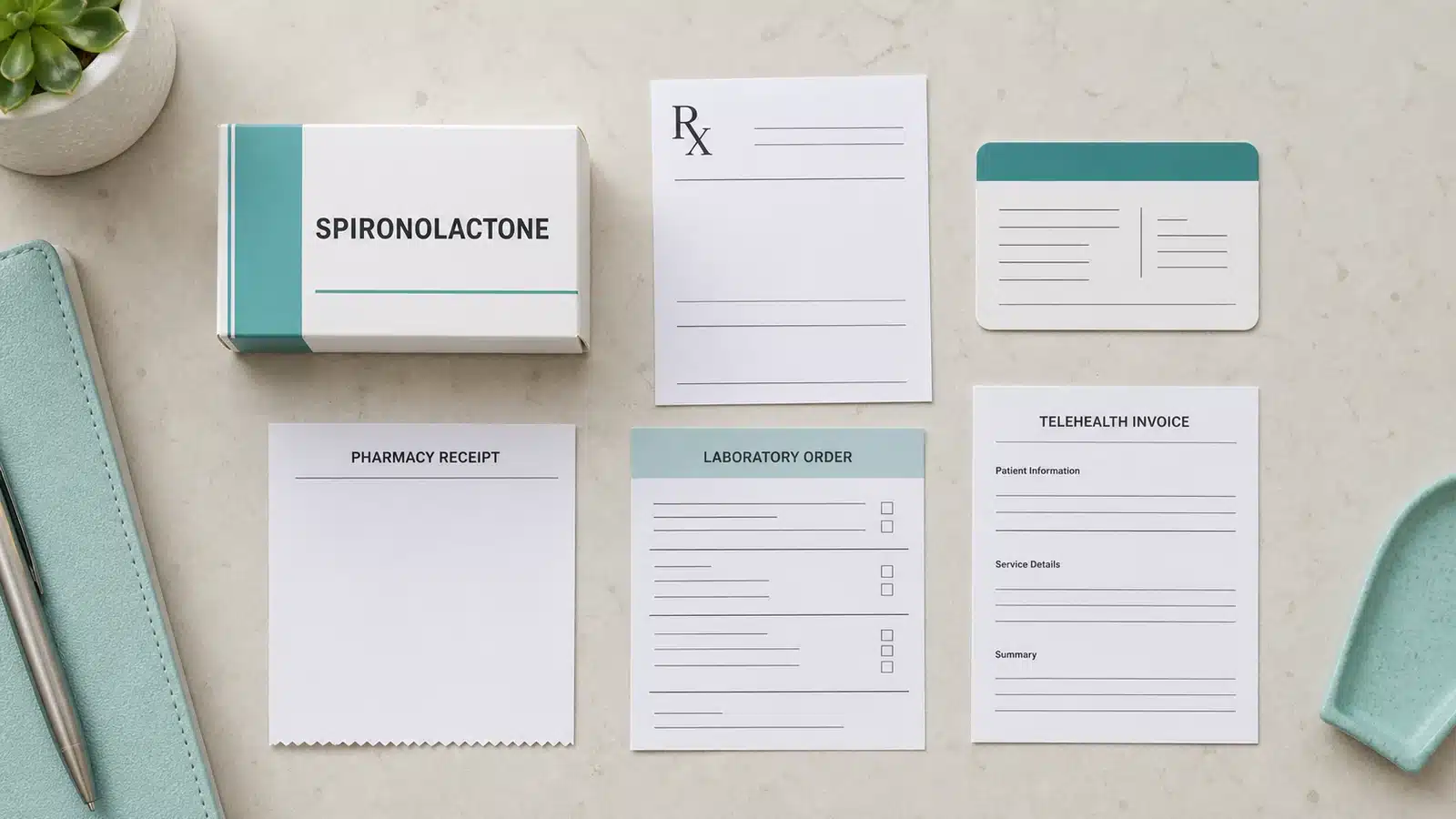 Prescription, insurance card, pharmacy receipt, laboratory order, and telehealth invoice for spironolactone costs