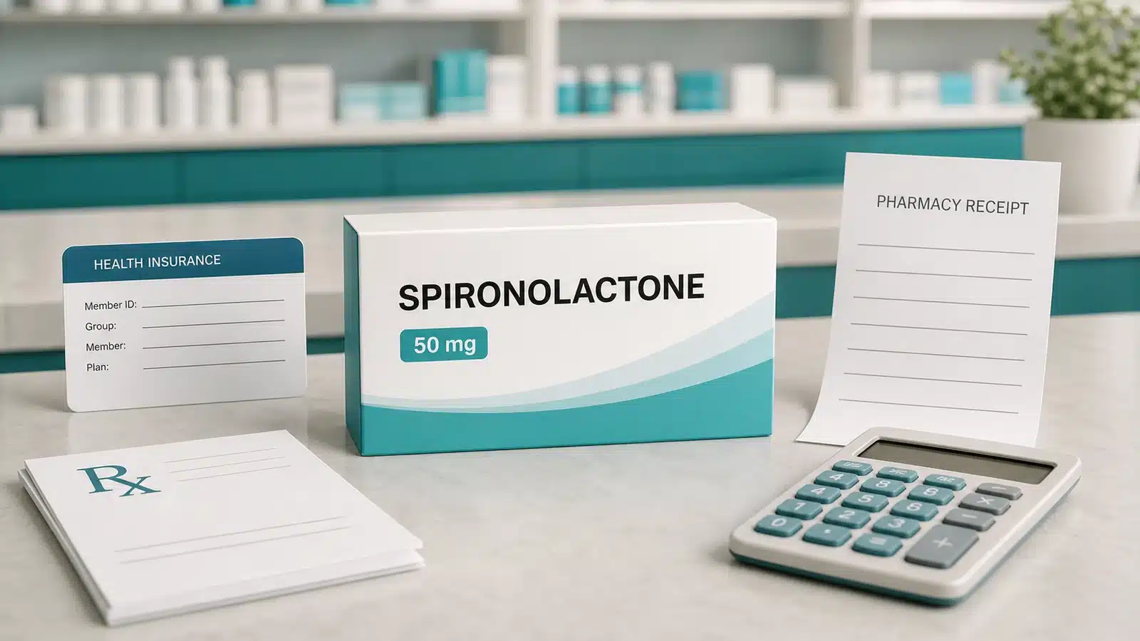 Spironolactone package beside an insurance card, pharmacy receipt, prescription, and calculator