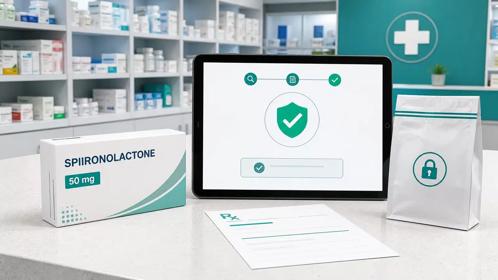 Tablet showing a pharmacy verification check beside a spironolactone package and prescription