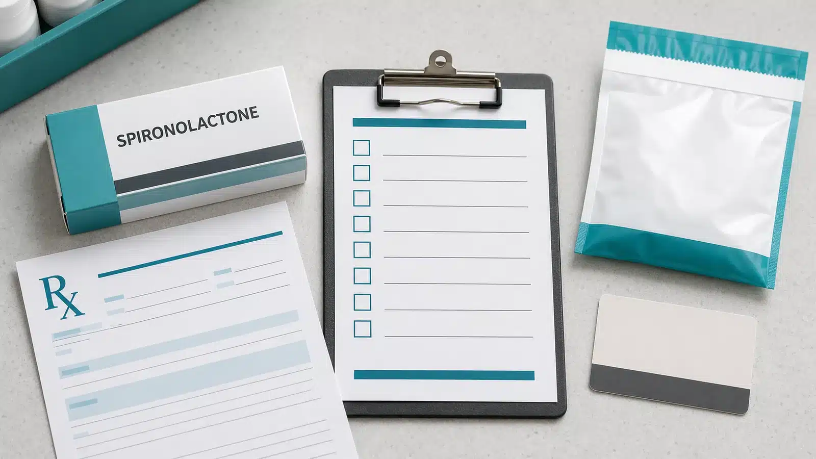 Spironolactone package, prescription record, pharmacy checklist, sealed parcel, and payment card