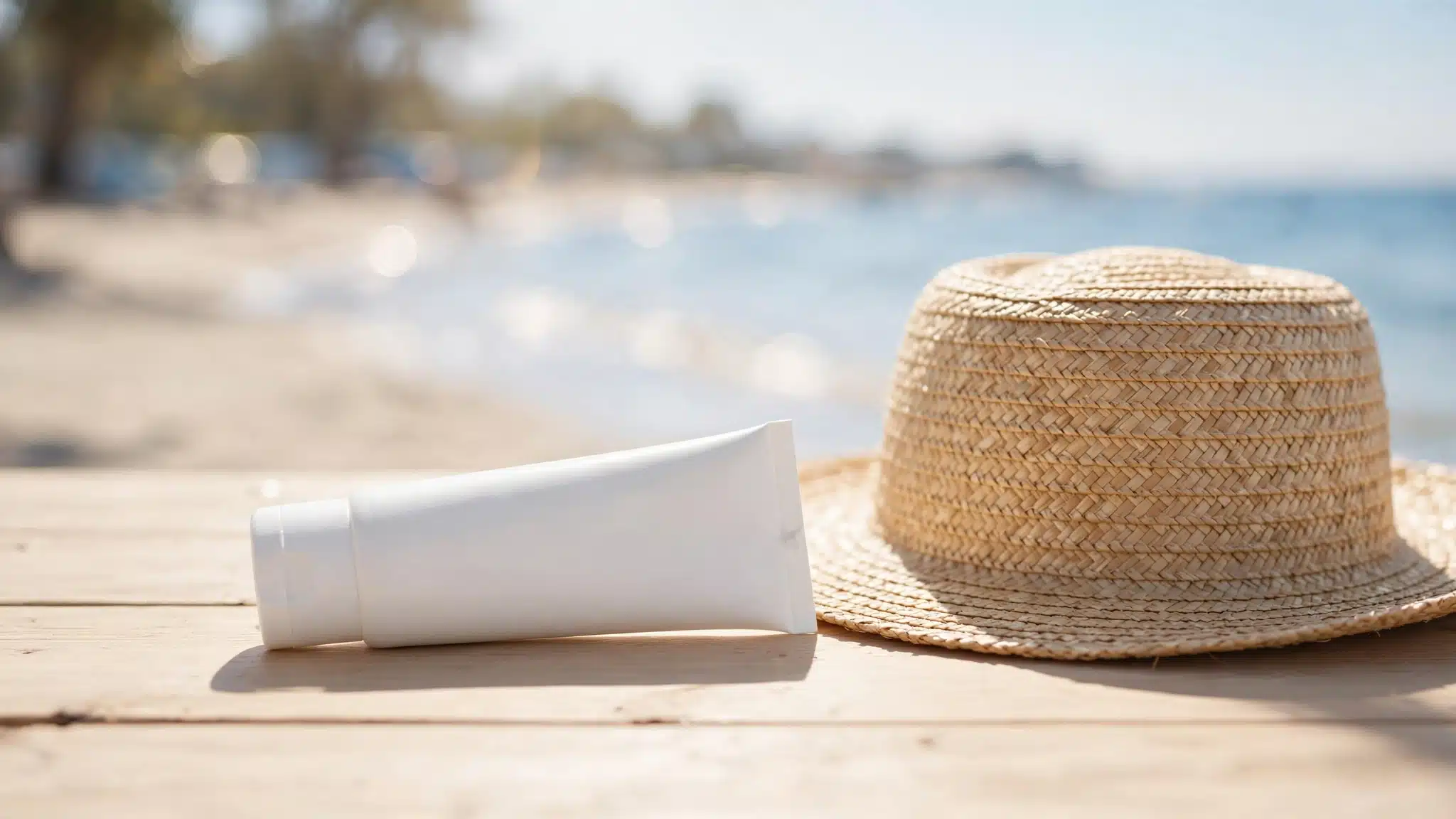 Sunscreen bottle and a wide brimmed hat on a table