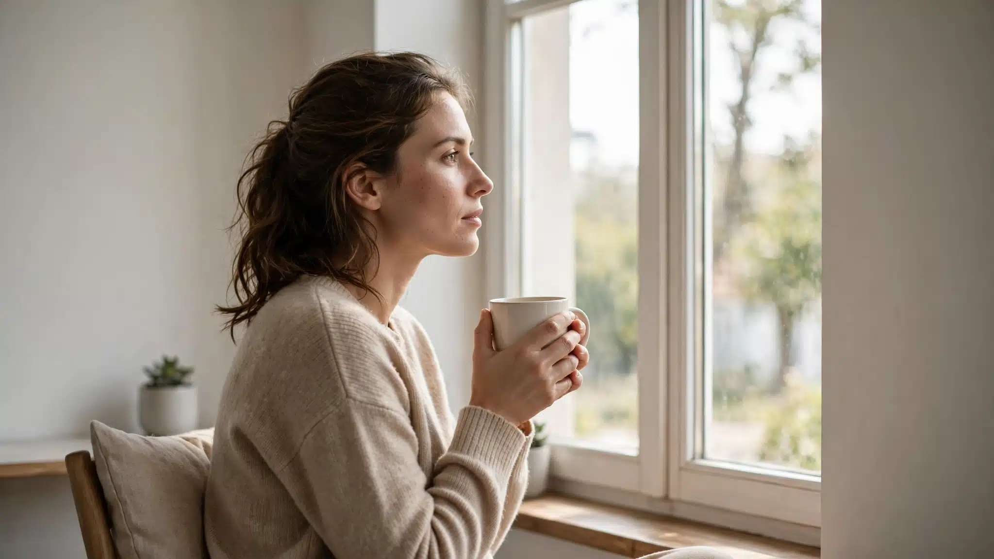 Person seated by a window holding a mug