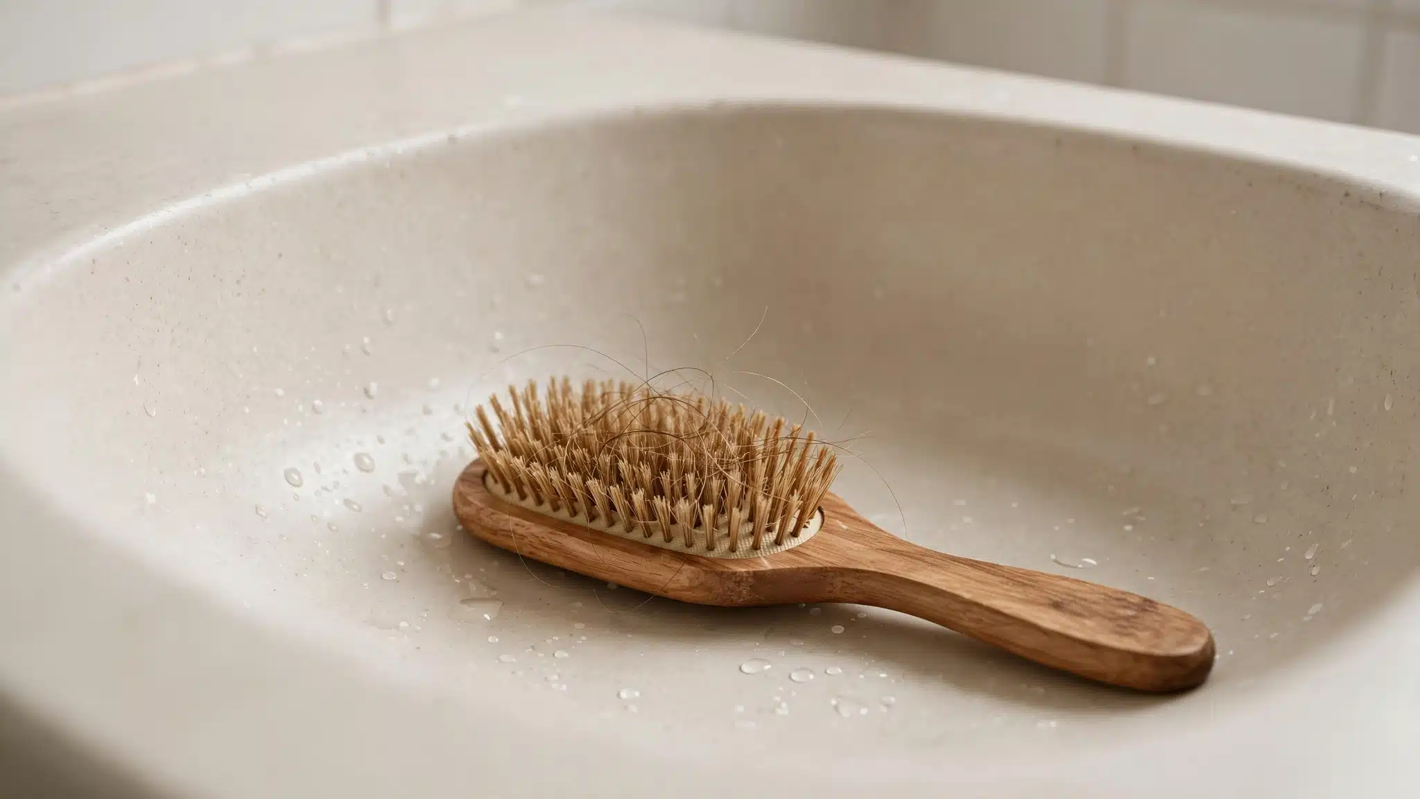Wooden hairbrush resting beside a bathroom sink